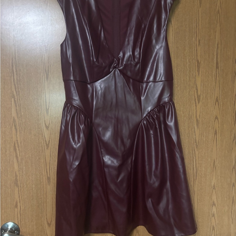 Francesca's Collections Burgundy Faux Leather Mini Dress with Twist Detail